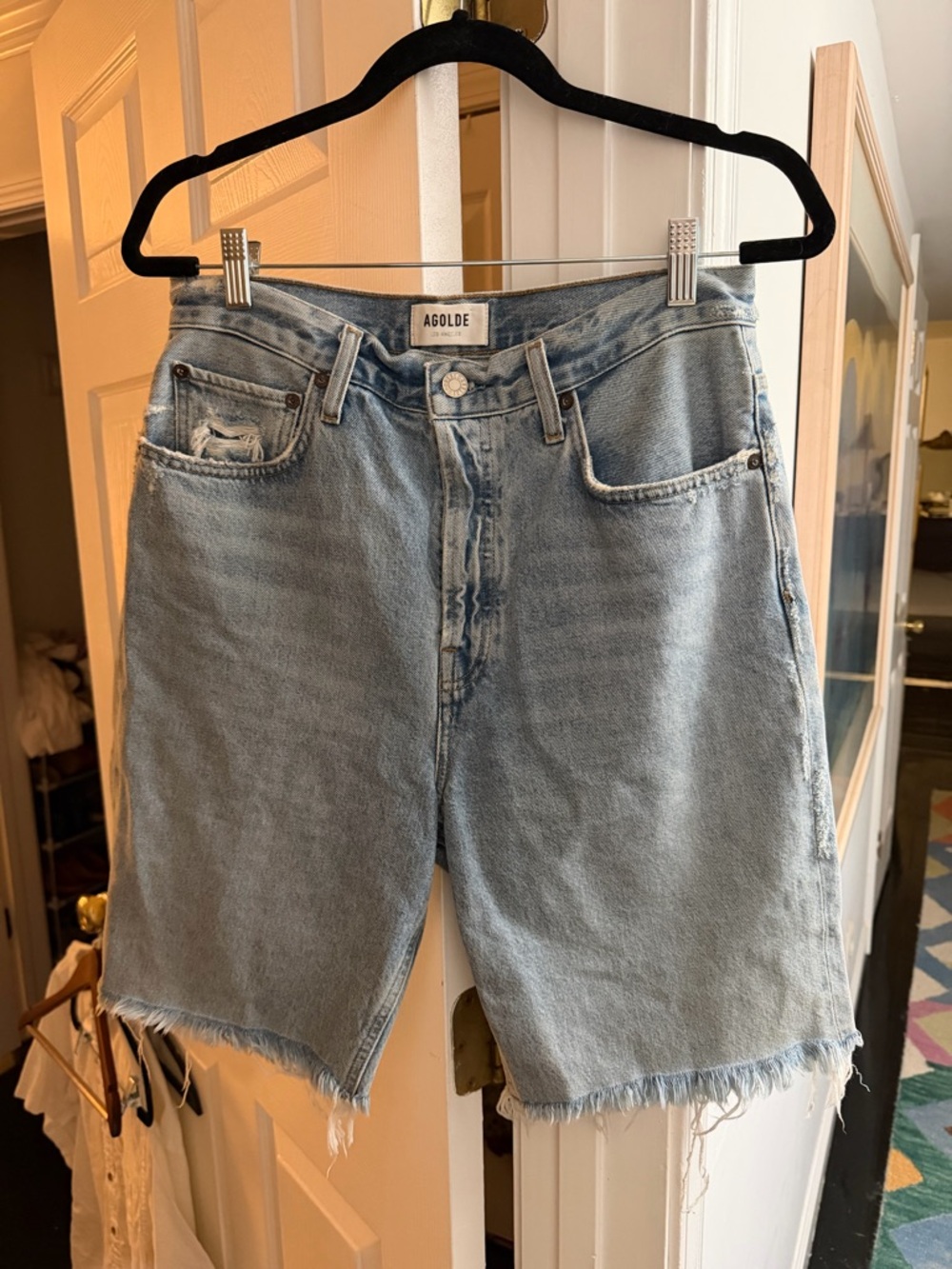 Agolde Light Blue High-Rise Bermuda Denim Shorts